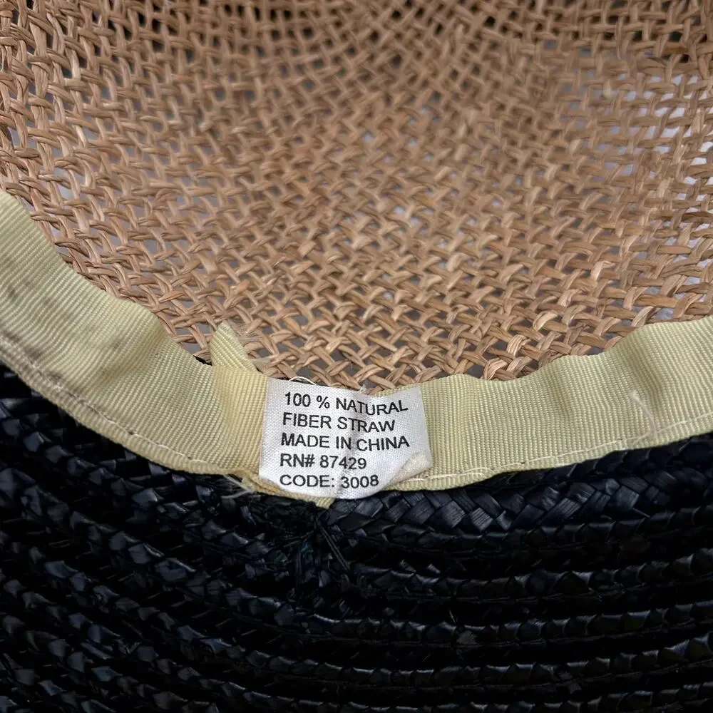 Vintage Natural Fiber Straw Hat Bow Trim Black 21.5